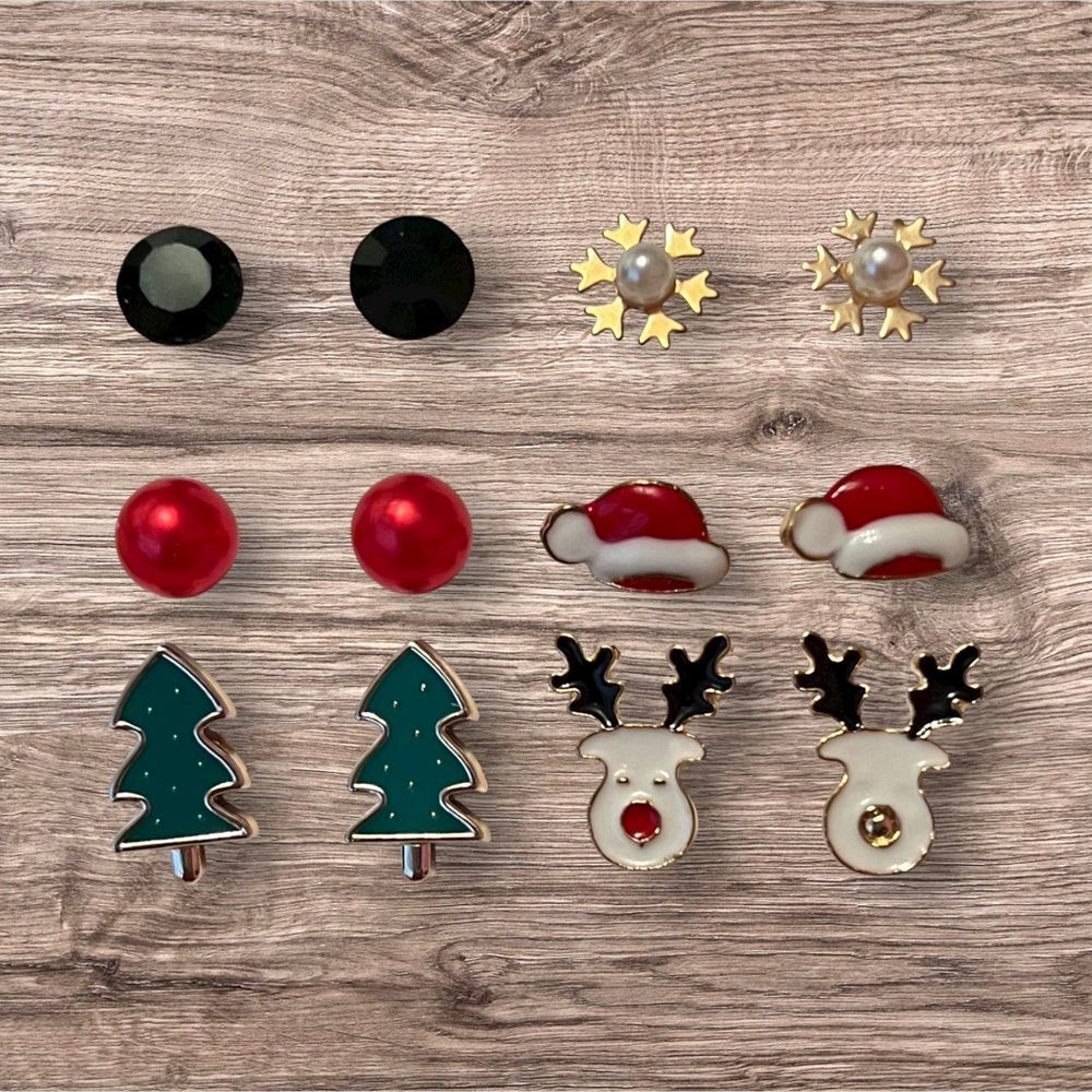 Cute Christmas Stud Earrings Set Of 9 Reindeer Christmas Tree Snowflake